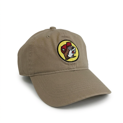 Buc-ee’s tan logo hat, a twill baseball cap with embroidered yellow-circle beaver logo and curved brim