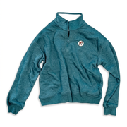 Buc-ee’s teal half-zip fleece pullover with a stand-up collar, ribbed cuffs and hem, and a beaver logo chest patch