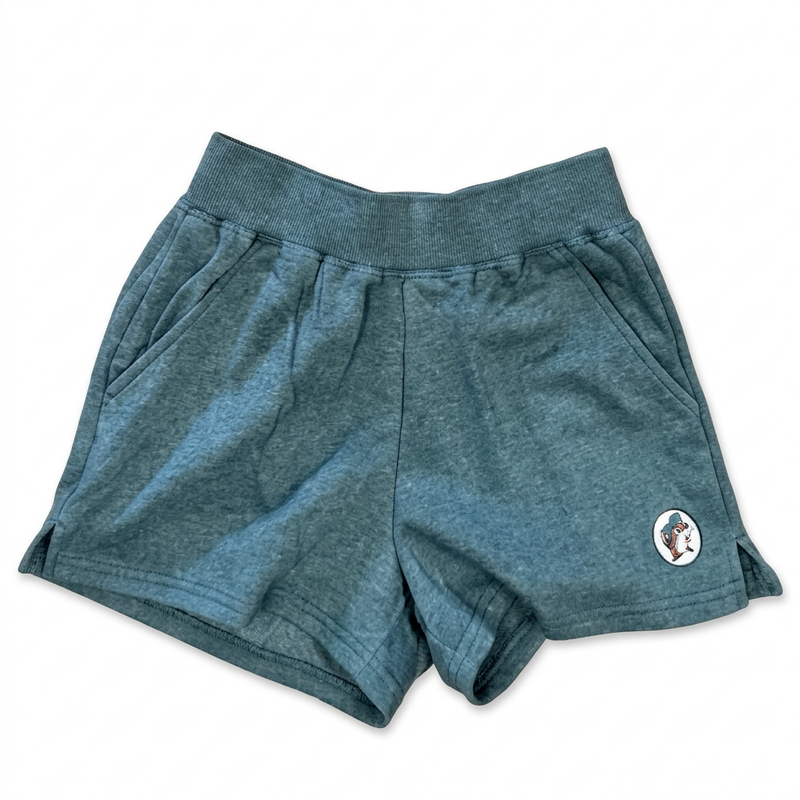 Buc-ee’s teal high waist fleece shorts with a wide ribbed waistband, side pockets, and a small beaver logo patch