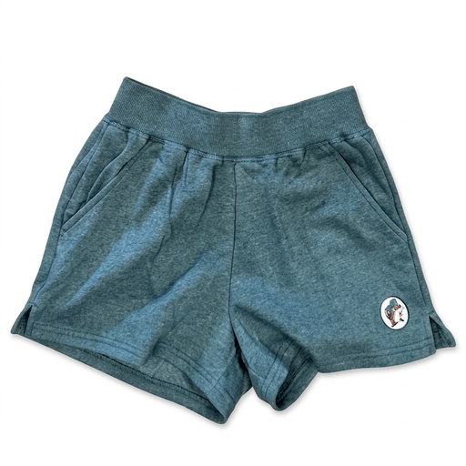 Buc-ee’s teal high waist fleece shorts with a wide ribbed waistband, side pockets, and a small beaver logo patch