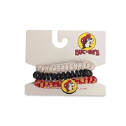 Buc-ee’s telephone cord hair ties, red 3-pack with white, black, and red logo-print coils and a yellow beaver charm