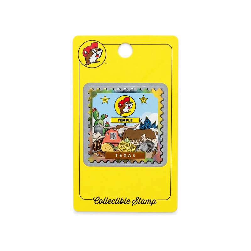 Buc-ee's Temple Texas collectible stamp with holographic border on a yellow card
