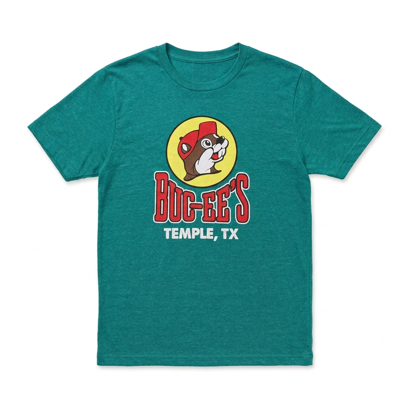 Buc-ee’s Temple, TX location T-shirt in heather teal with beaver logo and red block lettering, front view