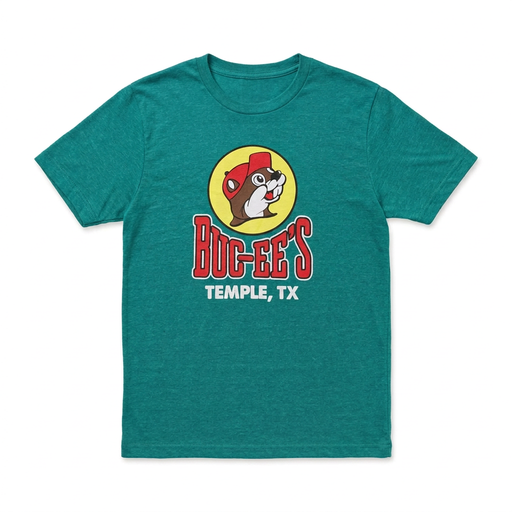 Buc-ee’s Temple, TX location T-shirt in heather teal with beaver logo and red block lettering, front view