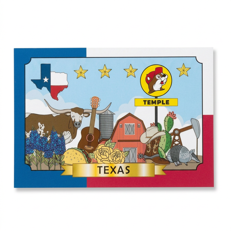 Buc-ee’s Temple, TX postcard with Texas flag border, longhorn, oil pumpjack, cactus, and illustrated Texas icons