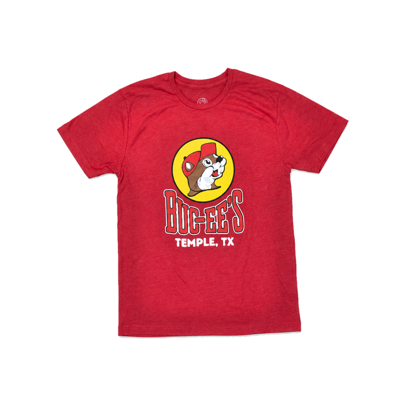 Red heather Buc-ee's Temple, TX location shirt with Buc-ee the Beaver logo, front
