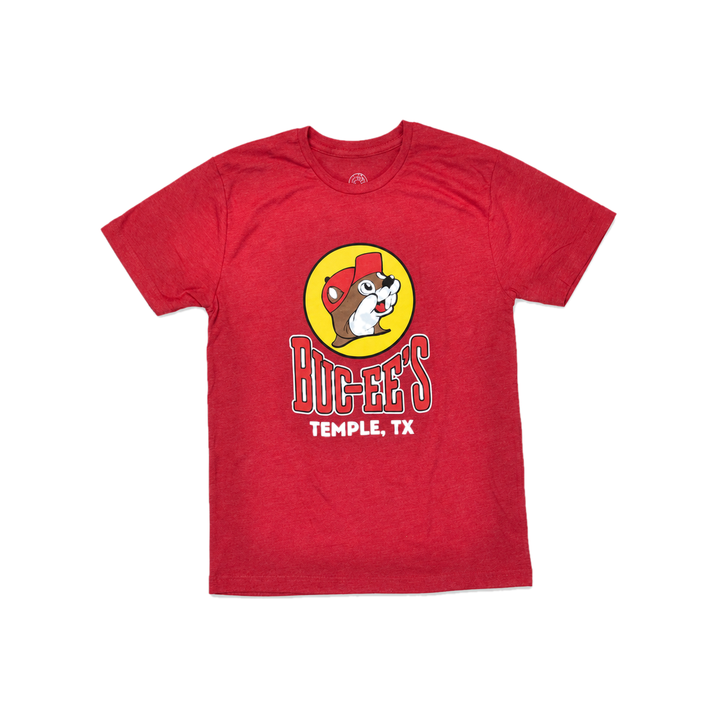 Buc-ee's Temple, TX red heather crewneck T-shirt, front view with the yellow beaver mascot logo and red block lettering