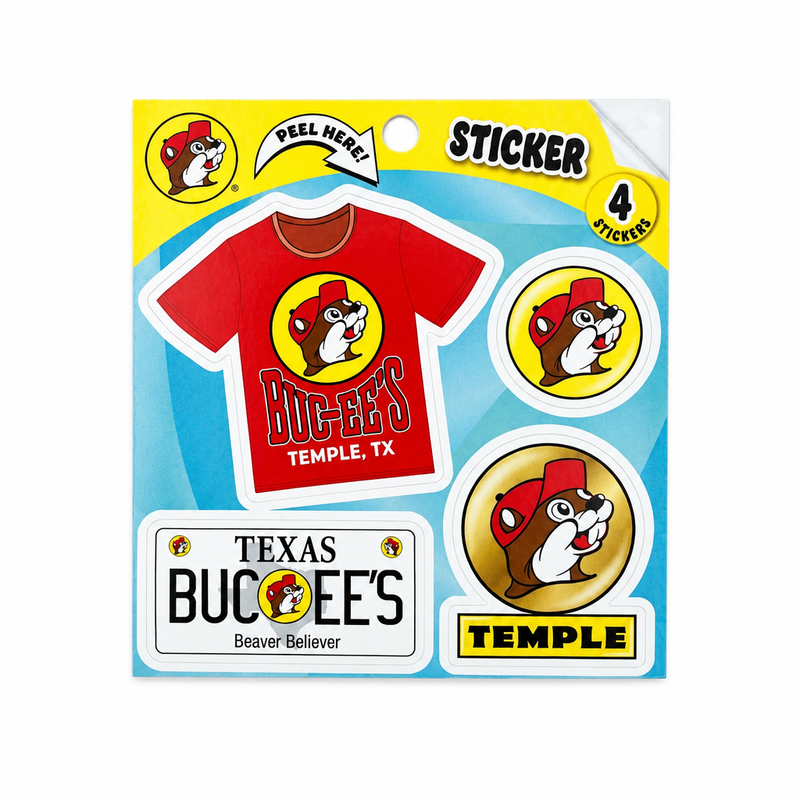 Buc-ee's Temple, TX 4-sticker sheet with red t-shirt and Buc-ee the Beaver designs