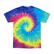 Back of Buc-ee’s Tennessee tie-dye T-shirt with no print, showing the full rainbow spiral dye pattern