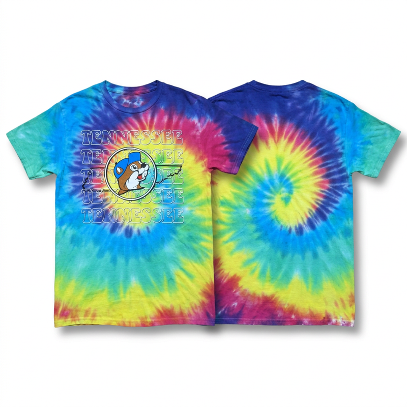 Front and back of Buc-ee’s Tennessee rainbow tie-dye T-shirt with repeating state-name text and beaver logo on front