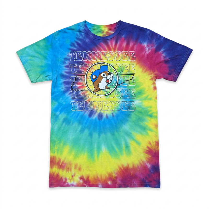 Buc-ee’s Tennessee rainbow tie-dye T-shirt with stacked outline lettering, state map, and blue-cap beaver logo