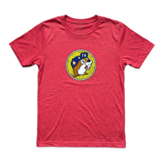 Buc-ee’s Tennessee crewneck T-shirt in heather red with beaver mascot in a navy TN cap on a yellow circle, front view
