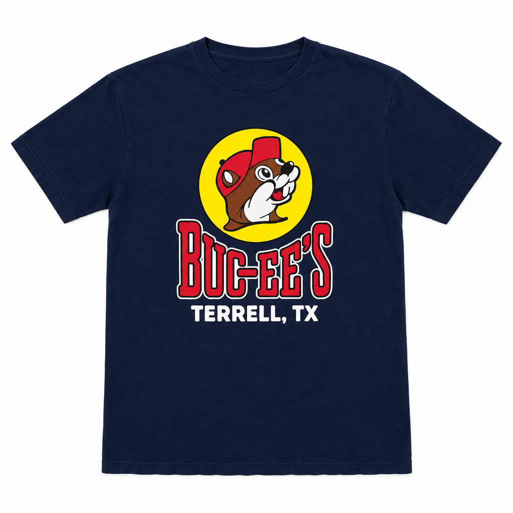 Buc-ee's Terrell, TX location t-shirt in navy, short sleeve crewneck with beaver mascot logo