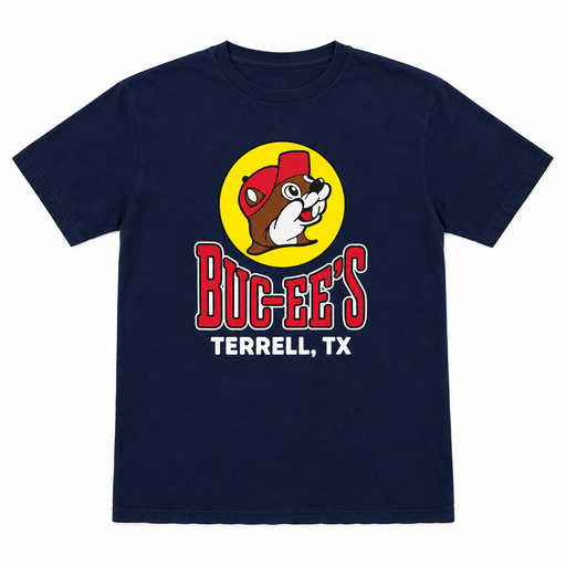Buc-ee's Terrell, TX location t-shirt in navy, short sleeve crewneck with beaver mascot logo