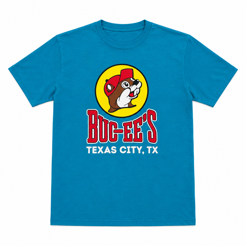 Buc-ee's Texas City, TX location shirt in teal blue, a short sleeve crewneck tee with the beaver logo on front