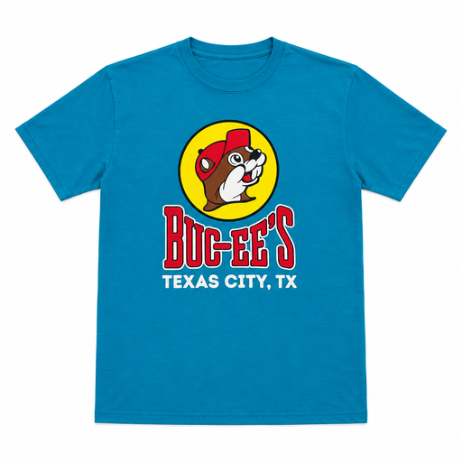 Buc-ee's Texas City, TX location shirt in teal blue, a short sleeve crewneck tee with the beaver logo on front