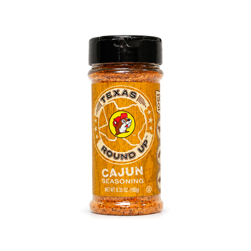 Buc-ee's Texas Round Up Cajun Seasoning in a 6.35 oz shaker bottle, a kosher spice blend for seafood, chicken and gumbo