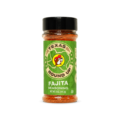 Buc-ee's Texas Round Up Fajita Seasoning in a green-label 5 oz shaker, a kosher Tex-Mex rub for steak and chicken fajitas