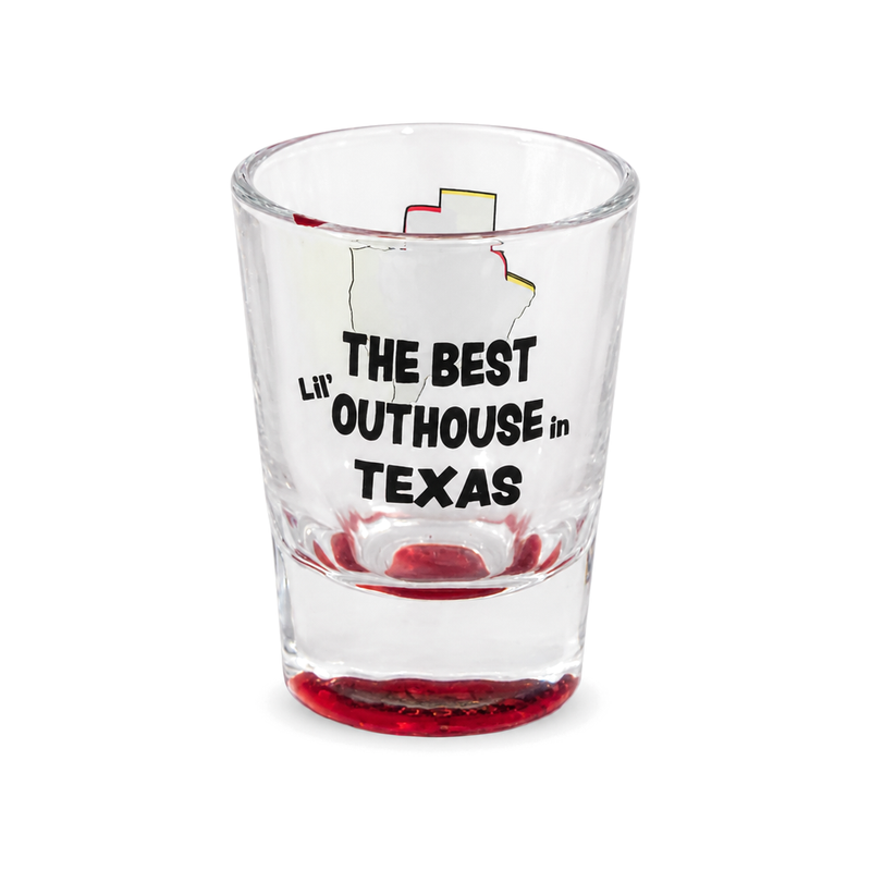 Buc-ee's The Best Lil' Outhouse in Texas souvenir shot glass, clear glass with Texas outline and red base