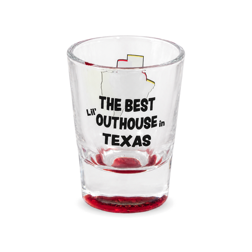 Buc-ee's The Best Lil' Outhouse in Texas souvenir shot glass, clear glass with Texas outline and red base