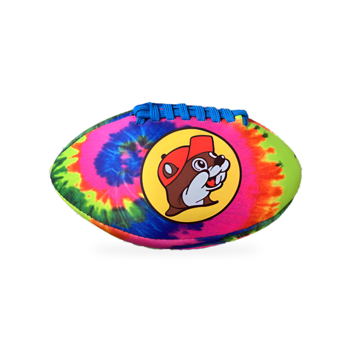 Buc-ee’s tie-dye football with a rainbow spiral print, blue laces and large beaver logo in a yellow circle
