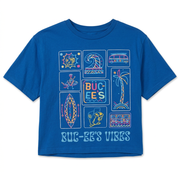 Buc-ee’s Tiki Buc-ee’s Vibes crop top in bold blue with neon-outline wave, palm tree, and surf van icons
