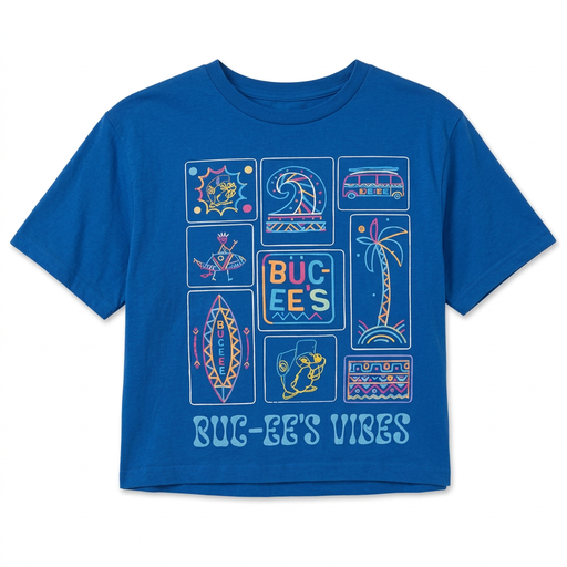 Buc-ee’s Tiki Buc-ee’s Vibes crop top in bold blue with neon-outline wave, palm tree, and surf van icons