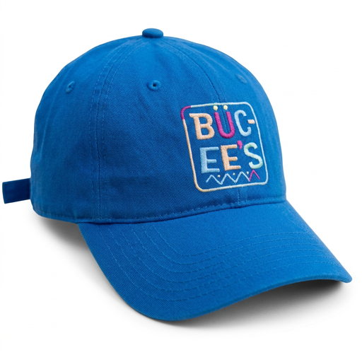 Buc-ee’s Tiki Square Logo hat in blue with multicolor embroidered square logo and zigzag accent