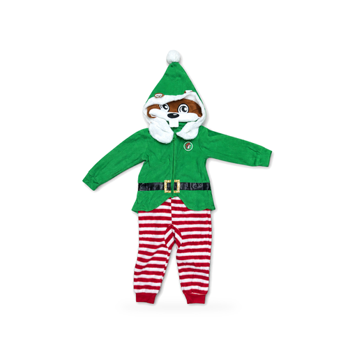 Youth Buc-ee's elf onesie with green zip top, striped pants and Buc-ee face hood, on white