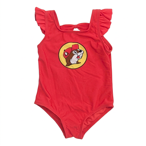 Buc-ee’s toddler girls’ one-piece swimsuit in red with ruffle straps, a back bow, and a large beaver logo on the front