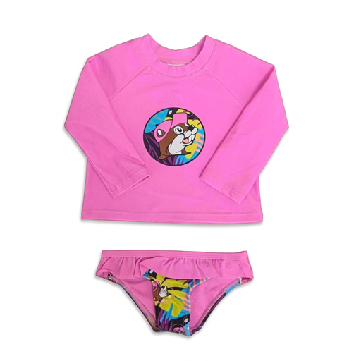 Buc-ee’s toddler girls’ pink swim set: long sleeve rash guard with a tropical beaver logo and ruffle bottoms