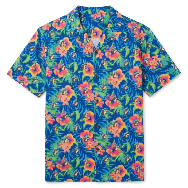 Buc-ee’s toddler tropical floral camp shirt in blue, a kids’ short sleeve button-up with hibiscus, palm leaves, and beavers