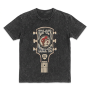Buc-ee’s Tour ‘25 T-shirt in charcoal mineral wash with a retro guitar headstock graphic and beaver logo, front view