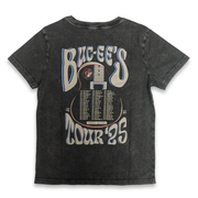 Buc-ee’s Tour ‘25 youth T-shirt with a guitar body listing tour stops under bold retro lettering, back view