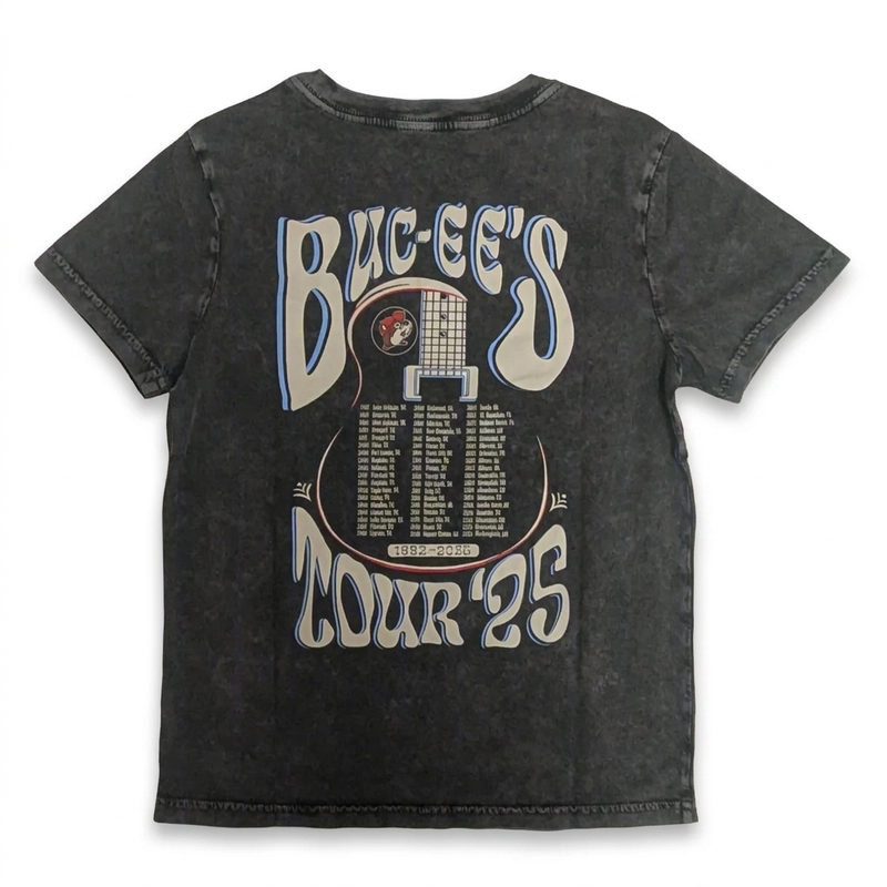 Buc-ee’s Tour ‘25 youth T-shirt with a guitar body listing tour stops under bold retro lettering, back view
