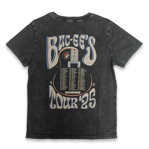 Buc-ee’s Tour ‘25 youth T-shirt with a guitar body listing tour stops under bold retro lettering, back view