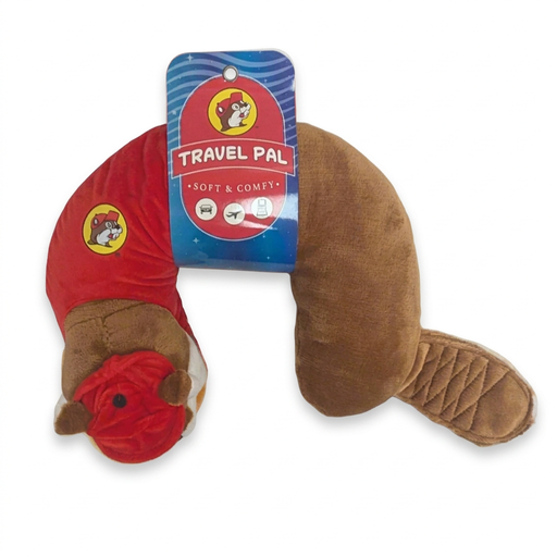 Buc-ee’s Travel Pal Neck Pillow, a plush U-shaped beaver with a red cap, red logo shirt, and stitched tail