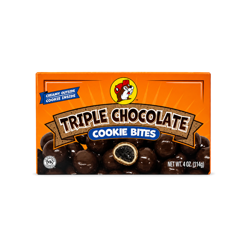 Buc-ee's Triple Chocolate Cookie Bites, 4 oz box of chocolate-coated cookie centers, kosher certified