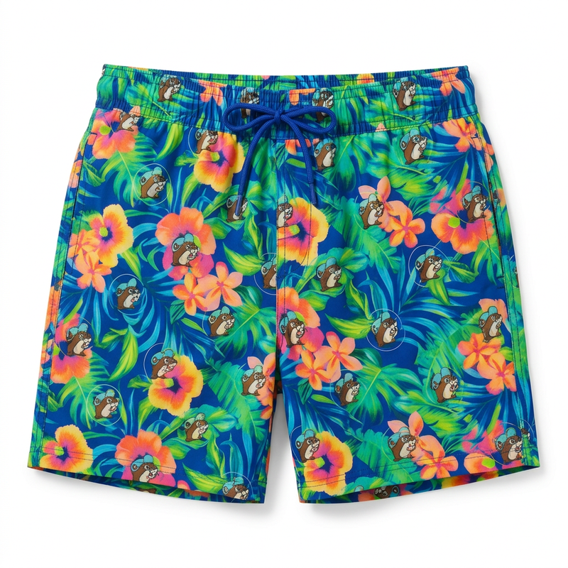 Buc-ee’s tropical floral swim shorts in blue with pink and orange hibiscus, green palm leaves, and beaver mascots