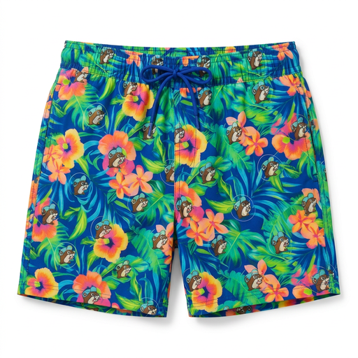 Buc-ee’s tropical floral swim shorts in blue with pink and orange hibiscus, green palm leaves, and beaver mascots