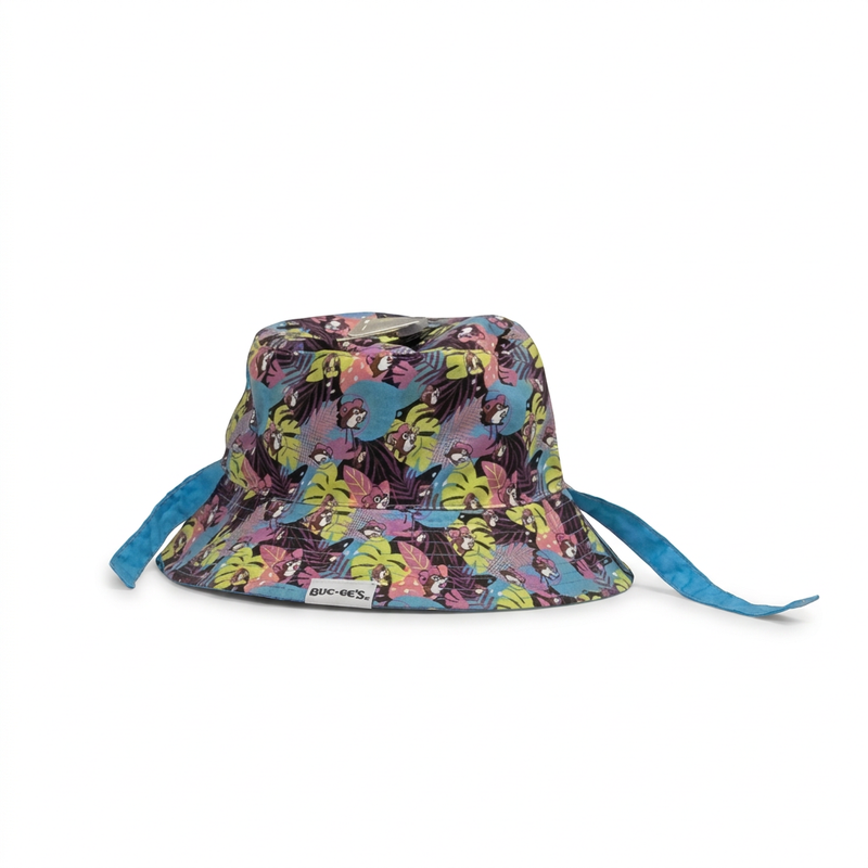 Buc-ee’s Tropical children’s bucket hat with blue chin ties and a blue, pink, and lime leaf and beaver print