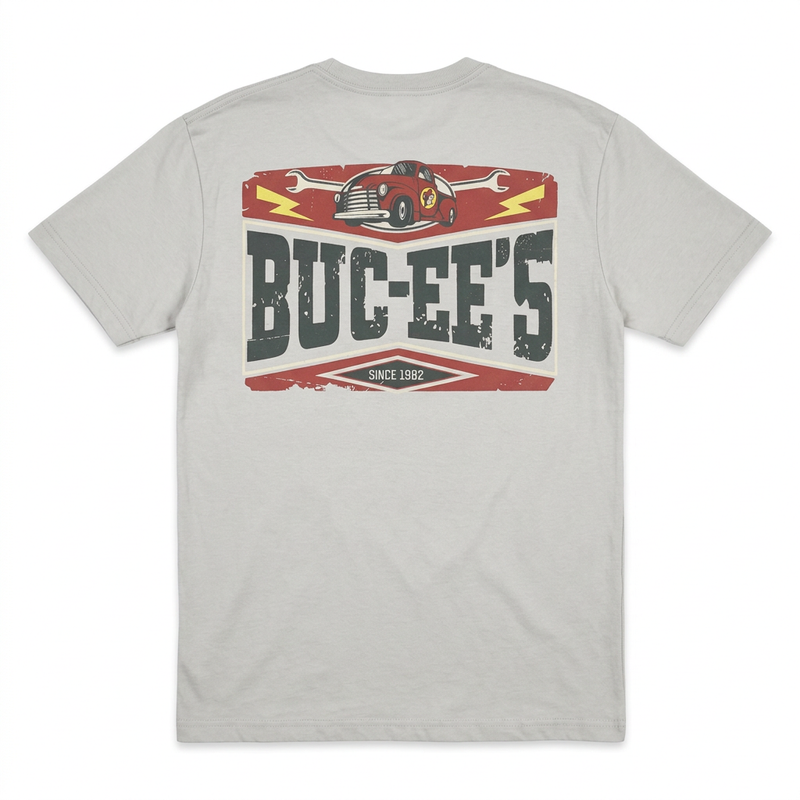 Back of Buc-ee’s Truck Shirt with vintage red pickup, crossed wrenches, distressed block lettering, and Since 1982 badge