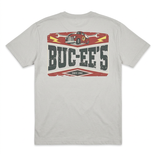 Back of Buc-ee’s Truck Shirt with vintage red pickup, crossed wrenches, distressed block lettering, and Since 1982 badge