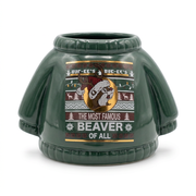 Buc-ee’s ugly Christmas sweater scented candle in a green ceramic sweater-shaped holder reading “The Most Famous Beaver of All”
