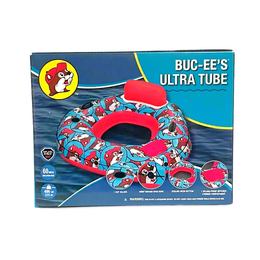 Buc-ee’s Ultra Tube inflatable float box showing a blue and red beaver print tube with headrest and cup holder
