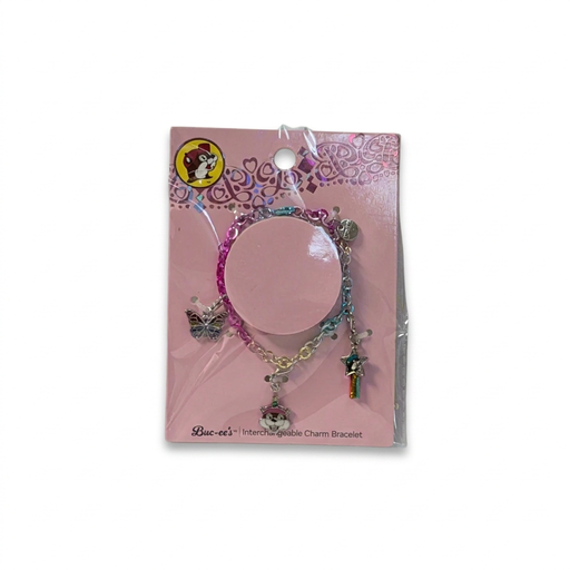Buc-ee’s Unicorn Interchangeable Charm Bracelet with a pink, teal, and yellow chain plus butterfly, beaver, and rainbow shooting star charms