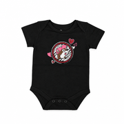 Buc-ee's Valentine's baby onesie in black with a pink-cap beaver logo, hearts, short sleeves, and snap closure