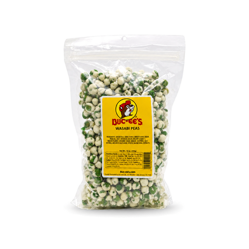 Buc-ee's Wasabi Peas in a 12 oz clear resealable bag, crunchy wasabi-coated green peas for a spicy, savory snack
