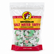 Buc-ee’s Watermelon Salt Water Taffy, 12 oz resealable bag of individually wrapped green and pink candies, gluten free