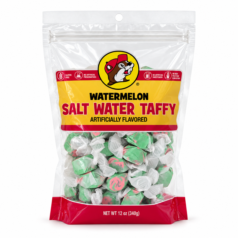 Buc-ee’s Watermelon Salt Water Taffy, 12 oz resealable bag of individually wrapped green and pink candies, gluten free